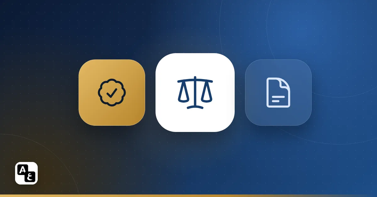 Illustration of a certification badge, the scales of justice and a document side by side
