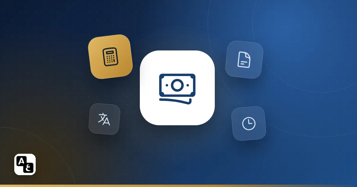 Illustration of banknotes with calculator, document, clock and translation icons