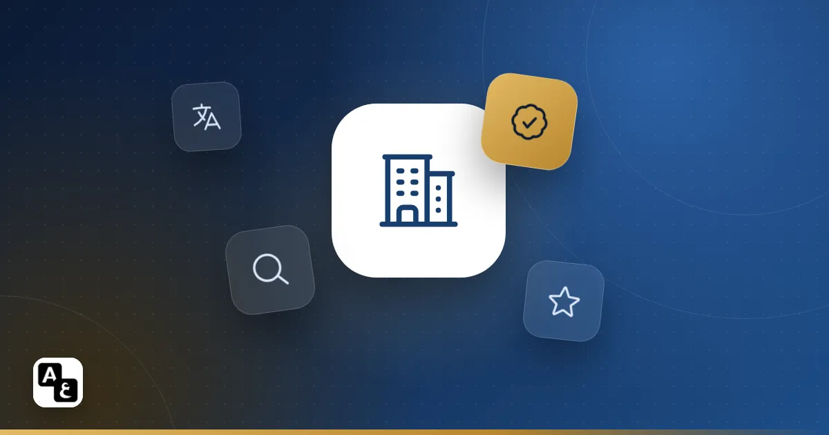 Illustration of an office building with a verification badge, search, star and translation icons