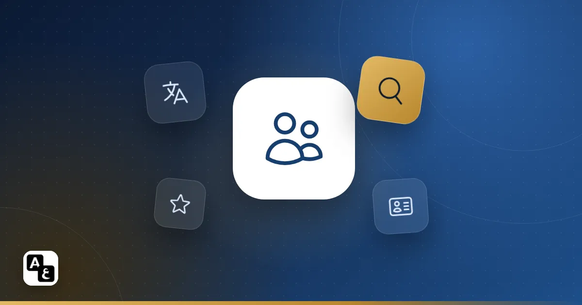 Illustration of people with search, translation, ID card and star icons